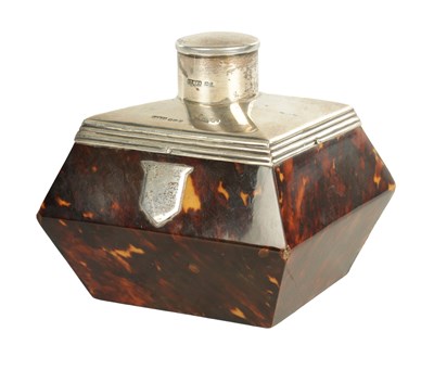 Lot 446 - A LATE 19TH CENTURY SILVER AND TORTOISESHELL TEA CADDY