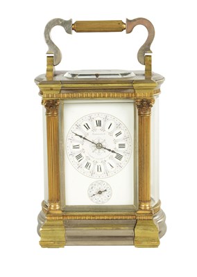 Lot 1179 - A LATE 19TH CENTURY FRENCH BRASS AND SILVERED REPEATING CARRIAGE CLOCK WITH BOWED SIDES