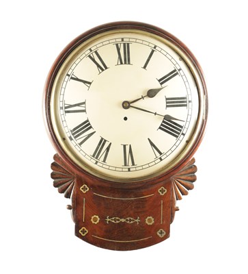 Lot 1097 - A LATE REGENCY FIGURED MAHOGANY CONVEX DIAL WALL CLOCK