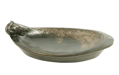 Lot 601 - FRITZ ROSENBERG (b.1883) A STYLISH ART DECO OVAL SHALLOW PATINATED BRONZE PEACOCK DISH