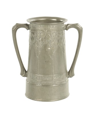 Lot 822 - AN ARTS AND CRAFTS ENGLISH PEWTER TWO-HANDLED VASE BY DAVID VEASEY FOR LIBERTY & CO.