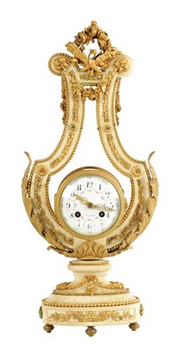 Lot 1058 - A LATE 19TH CENTURY FRENCH ORMOLU AND WHITE MARBLE LYRE SHAPED SWINGING MYSTERY CLOCK