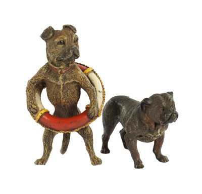 Lot 710 - A PAIR OF LATE 19TH CENTURY AUSTRIAN COLD-PAINTED BRONZE DOGS