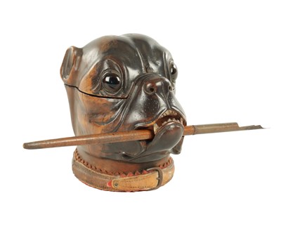 Lot 937 - A GOOD 19TH CENTURY CARVED WOOD INK STAND FORMED AS THE HEAD OF A BULLDOG