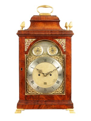 Lot 1024 - JAMES ELEY, LONDON. A GEORGE III FIGURED MAHOGANY RISE AND FALL VERGE BRACKET CLOCK