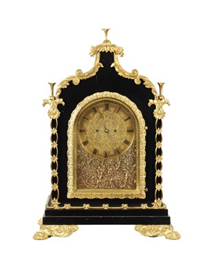 Lot 1195 - FRENCH, ROYAL EXCHANGE, LONDON. A MID 19TH CENTURY EBONISED ORMOLU MOUNTED DOUBLE FUSEE BRACKET CLOCK