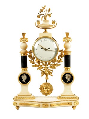 Lot 1054 - A LATE 18TH CENTURY FRENCH ORMOLU AND MARBLE DOUBLE FUSEE MANTEL CLOCK