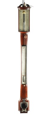 Lot 1153 - GILL & CO. LONDON. A LATE GEORGIAN FIGURED MAHOGANY BOW FRONTED STICK BAROMETER