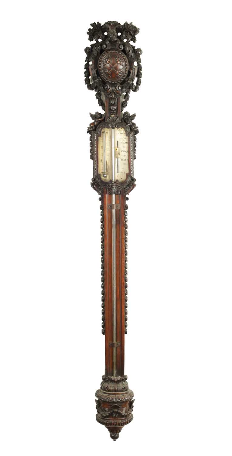 Lot 1547 - J. BRAUND, LONDON. A FINE AND RARE 19TH CENTURY CARVED WALNUT STICK BAROMETER