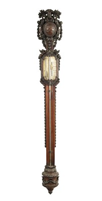 Lot 1194 - J. BRAUND, LONDON. A FINE AND RARE GEORGE III CARVED WALNUT STICK BAROMETER