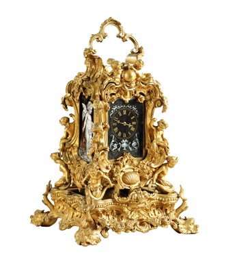 Lot 1079 - A FINE AND RARE MID 19TH CENTURY FRENCH GILT BRASS AND SEVRES STYLE LIMOGES ENAMEL PANELLED ROCOCO REPEATING CARRIAGE CLOCK