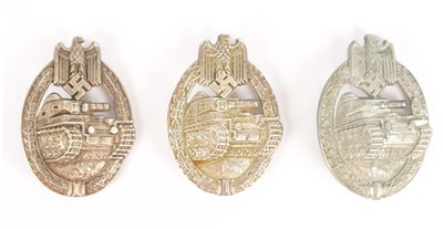 Lot 548 - A COLLECTION OF THREE WW2 GERMAN THIRD REICH SILVER AND SILVER METAL PANZER ASSAULT BADGES