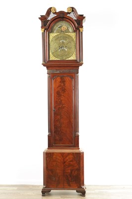Lot 987 - J. PERSALL, MANCHESTER AN UNUSUAL GEORGE III FIGURED MAHOGANY LONGCASE CLOCK