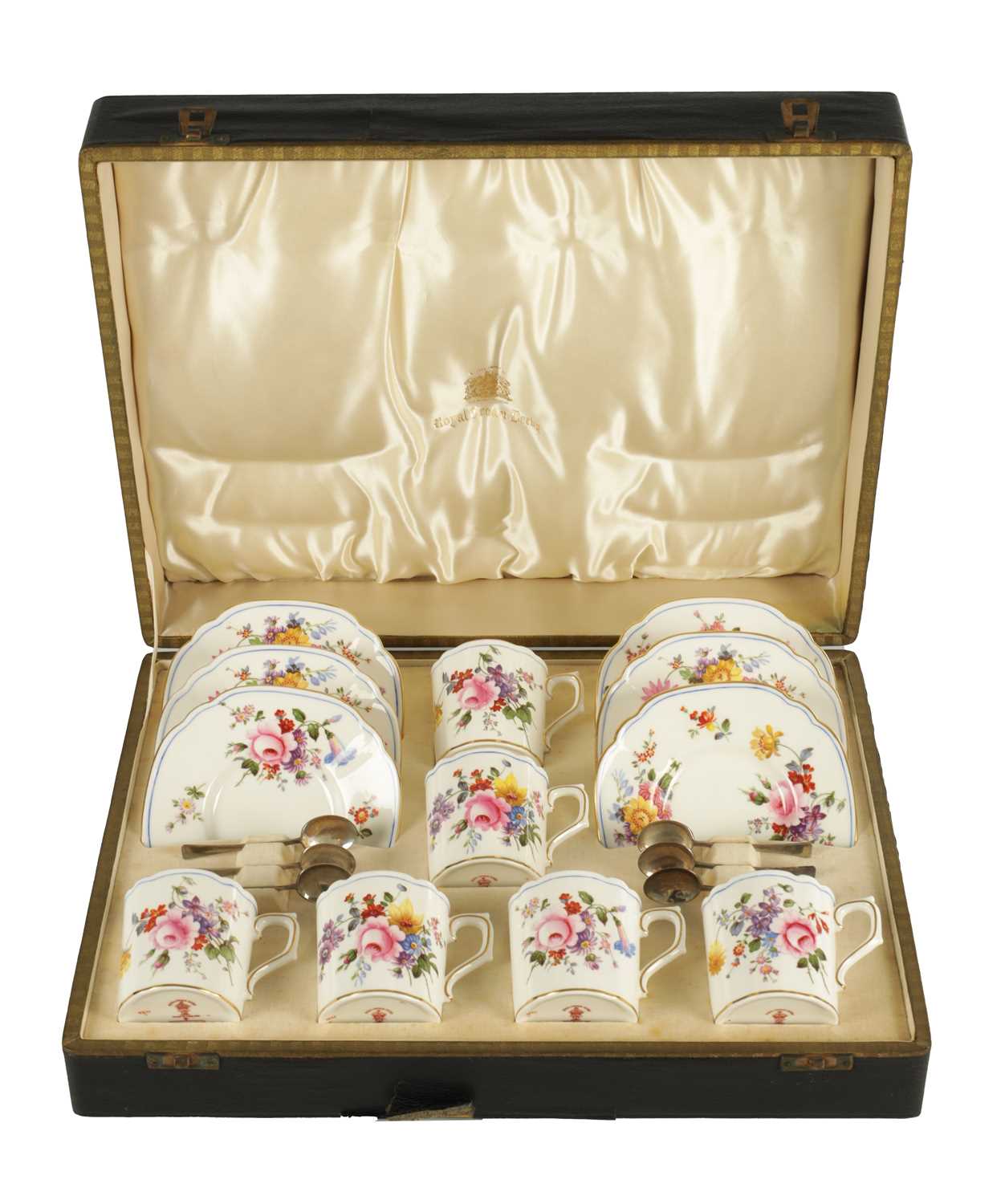 Lot 66 - A CASED ROYAL CROWN DERBY SIX PIECE COFFEE SERVICE WITH SILVER SPOONS CIRCA 1930