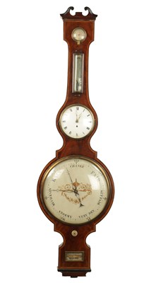 Lot 1184 - A. BARNASCHINA, GRAVESEND. A LARGE REGENCY FIGURED MAHOGANY BAROMETER WITH EIGHT DAY FUSEE CLOCK