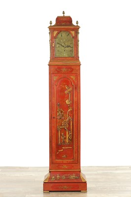 Lot 1157 - JOHN MONKHOUSE LONDON. AN UNUSUAL 19TH CENTURY SCARLET LACQUERED WEIGHT DRIVEN THREE TRAIN LONGCASE CLOCK