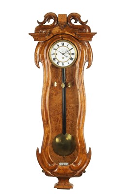 Lot 1065 - A 19TH CENTURY BIRDS EYE MAPLE GRAND SONNERIE VIENNA STYLE REGULATOR WALL CLOCK