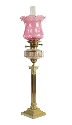 Lot 622 - A VICTORIAN SQUARE-BASE BRASS OIL LAMP