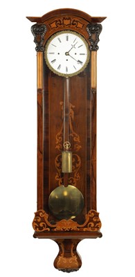 Lot 1176 - A 19TH CENTURY INLAID BIEDERMEIER GRAND SONNERIE VIENNA REGULATOR WALL CLOCK