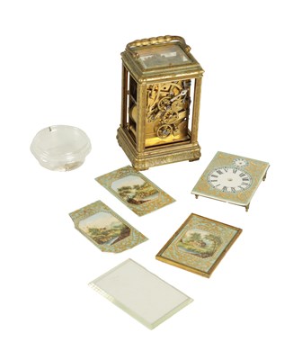 Lot 1154 - A LATE 19TH CENTURY FRENCH ENGRAVED BRASS AND SERVES STYLE PORCELAIN PANELLED REPEATING CARRIAGE CLOCK