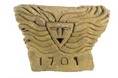 Lot 692 - AN EARLY 18TH CENTURY CARVED SANDSTONE SCULPTURE OF A PAGAN SUN GOD