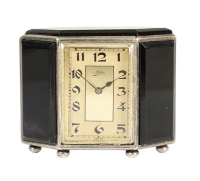 Lot 1032 - AN ART DECO SWISS SILVER AND BLACK ONYX BOUDOIR CLOCK SIGNED MIDO