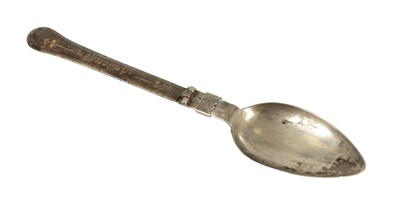 Lot 463 - AN 18TH CENTURY SILVER AND IRON WORK CONTINENTAL FOLDING SPOON