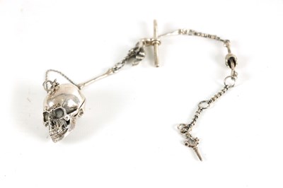 Lot 374 - A 19TH CENTURY SILVER SKULL FOB POCKET WATCH CHAIN