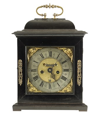 Lot 1187 - THOMAS MARTIN. LONDON. A WILLIAM AND MARY EBONY VENEERED QUARTER REPEATING BRACKET CLOCK