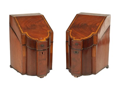Lot 715 - A PAIR OF GEORGE III MAHOGANY AND SATINWOOD BANDED KNIFE BOXES