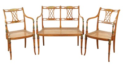 Lot 1281 - A THREE PIECE 19TH CENTURY SHERATON STYLE PAINTED SATINWOOD BERGERE DRAWING ROOM SUITE