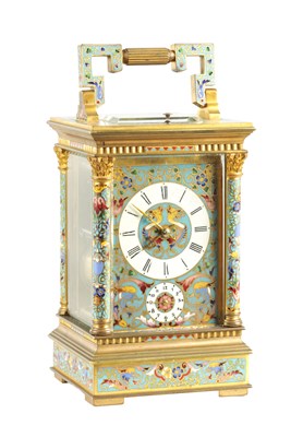 Lot 1130 - A FINE LATE 19TH CENTURY FRENCH GILT BRASS AND CHAMPLEVE ENAMEL REPEATING CARRIAGE CLOCK AND ALARM