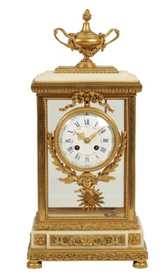 Lot 1112 - A FINE LATE 19TH CENTURY GILT BRASS AND WHITE MARBLE FRENCH EMPIRE STYLE MANTEL CLOCK