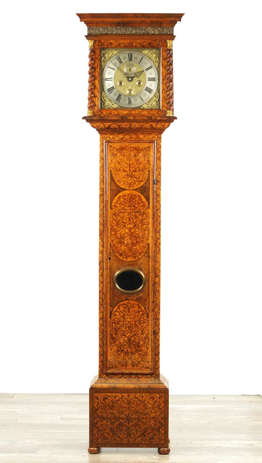 Lot 1066 - THOMAS WESTOBY LONDINI FECIT. A WILLIAM AND MARY PANELLED WALNUT AND SEAWEED MARQUETRY EIGHT-DAY LONGCASE CLOCK
