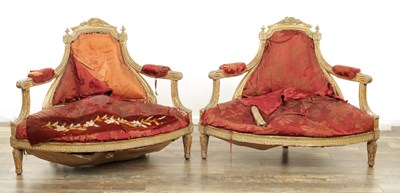 Lot 1229 - A PAIR OF 18TH CENTURY CARVED GILT WOOD FRENCH CORNER SALOON CHAIRS