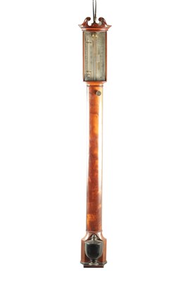 Lot 985 - A GEORGIAN STYLE FIGURED MAHOGANY BOW FRONTED STICK BAROMETER