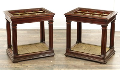 Lot 1320 - A GOOD PAIR OF 19TH CENTURY COUNTRY HOUSE WALNUT AND BRASS STICK STANDS