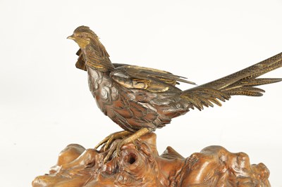 Lot 282 - A LATE 19TH CENTURY JAPANESE MEIJI PERIOD GILT AND POLYCHROME BRONZE OKIMONO / PHEASANT SCULPTURE
