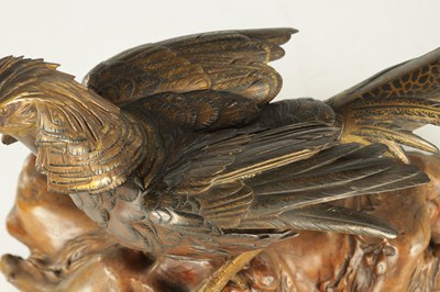Lot 282 - A LATE 19TH CENTURY JAPANESE MEIJI PERIOD GILT AND POLYCHROME BRONZE OKIMONO / PHEASANT SCULPTURE