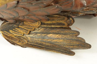 Lot 282 - A LATE 19TH CENTURY JAPANESE MEIJI PERIOD GILT AND POLYCHROME BRONZE OKIMONO / PHEASANT SCULPTURE