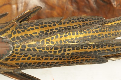 Lot 282 - A LATE 19TH CENTURY JAPANESE MEIJI PERIOD GILT AND POLYCHROME BRONZE OKIMONO / PHEASANT SCULPTURE