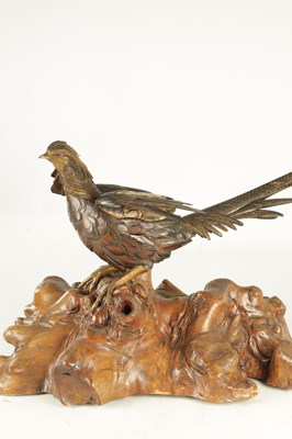Lot 282 - A LATE 19TH CENTURY JAPANESE MEIJI PERIOD GILT AND POLYCHROME BRONZE OKIMONO / PHEASANT SCULPTURE