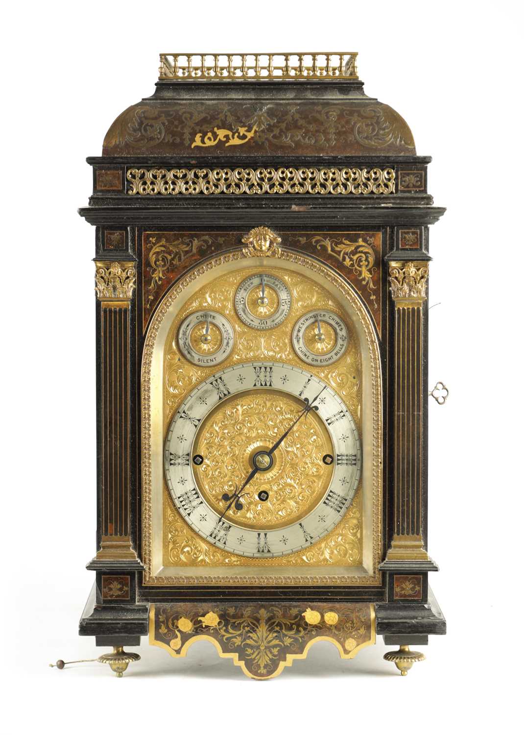 Lot 1481 - A FINE AND IMPRESSIVE LATE 19TH CENTURY BRASS INLAID BOULLE WORK AND EBONSIED THREE TRAIN BRACKET CLOCK