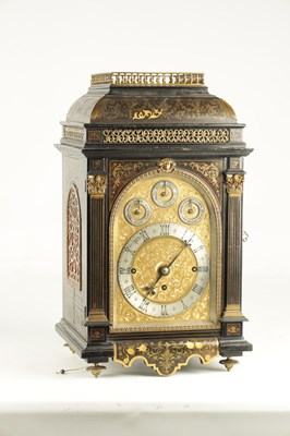 Lot 1481 - A FINE AND IMPRESSIVE LATE 19TH CENTURY BRASS INLAID BOULLE WORK AND EBONSIED THREE TRAIN BRACKET CLOCK