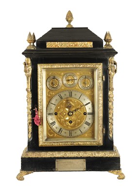Lot 1121 - A LATE 19TH CENTURY EBONISED AND ORMOLU MOUNTED TRIPLE FUSEE BRACKET CLOCK