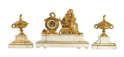 Lot 1169 - A LARGE 19TH CENTURY FRENCH WHITE MARBLE AND ORMOLU MOUNTED THREE PIECE CLOCK GARNITURE