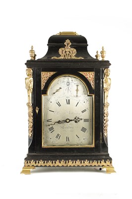 Lot 1089 - ROBERT MATTINGLEY, LONDON. A GEORGE III EBONISED AND GILT BRASS MOUNTED EIGHT-DAY BRACKET CLOCK