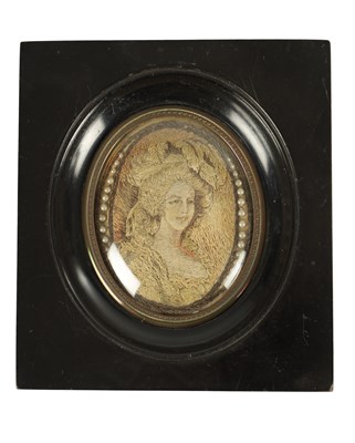 Lot 854 - A UNUSUAL 18TH CENTURY PADDED EMBROIDERED SILKWORK BUST PORTRAIT OF A LADY - POSSIBLY MARIE ANTOINETTE