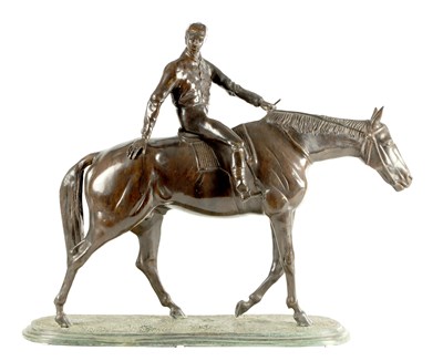 Lot 770 - AFTER ISIDORE JULES BONHEUR (1827 - 1901) - A FINE BRONZE EQUESTRIAN SCULPTURE DEPICTING A RACE HORSE AND MOUNTED JOCKEY