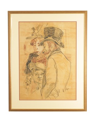 Lot 983 - A LATE 19TH CENTURY CHARCOAL DRAWING OF A GENTLEMAN AND LADIES